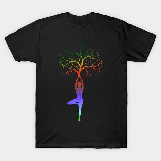 Multi-Color Yoga Tree Pose Balancing Asana T-Shirt by Bluepress